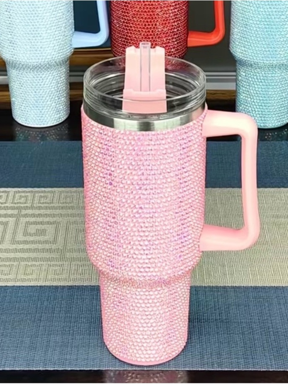 Pink Rhinestone Insulated Travel Mug with Handle